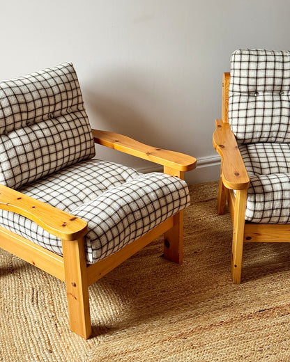 Scandinavian Pine Armchairs with Check Upholstery 1970s