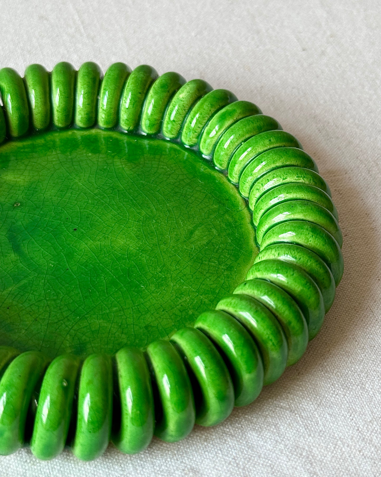 Vallauris Green Glazed Coiled Ceramic Trivet and Dish