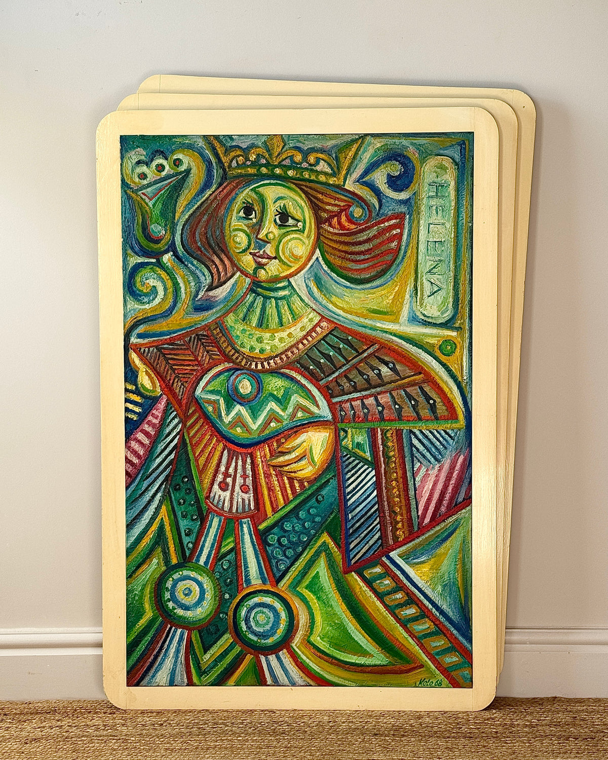 Cubist Playing Card Queen Acrylic on Canvas, Signed Kolo 1968