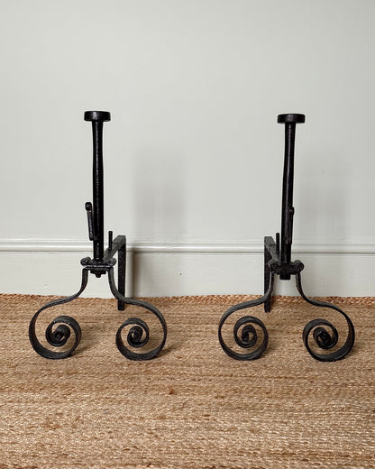 Pair of French Mid-century Wrought Iron Scroll Fire Dogs/Andirons