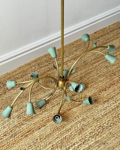 Large Italian Brass & Green Tole 14 Light Chandelier, c.1950 - Club Sourced