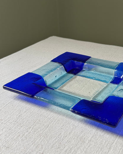 Scandinavian Geometric Blue & Aqua Glass Dish, 1970’s