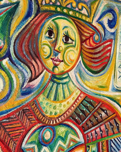 Cubist Playing Card Queen Acrylic on Canvas, Signed Kolo 1968