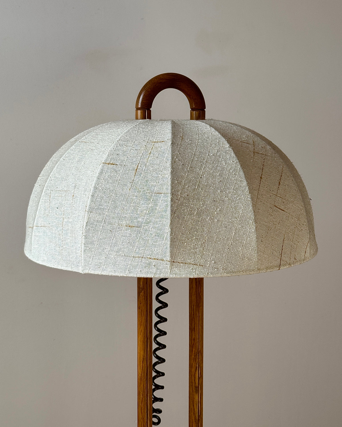 German Oak Floor Lamp with Domed Linen Shade, c.1970