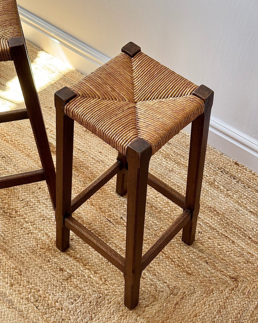 Pair of French Oak Rush Bar Stools - Club Sourced