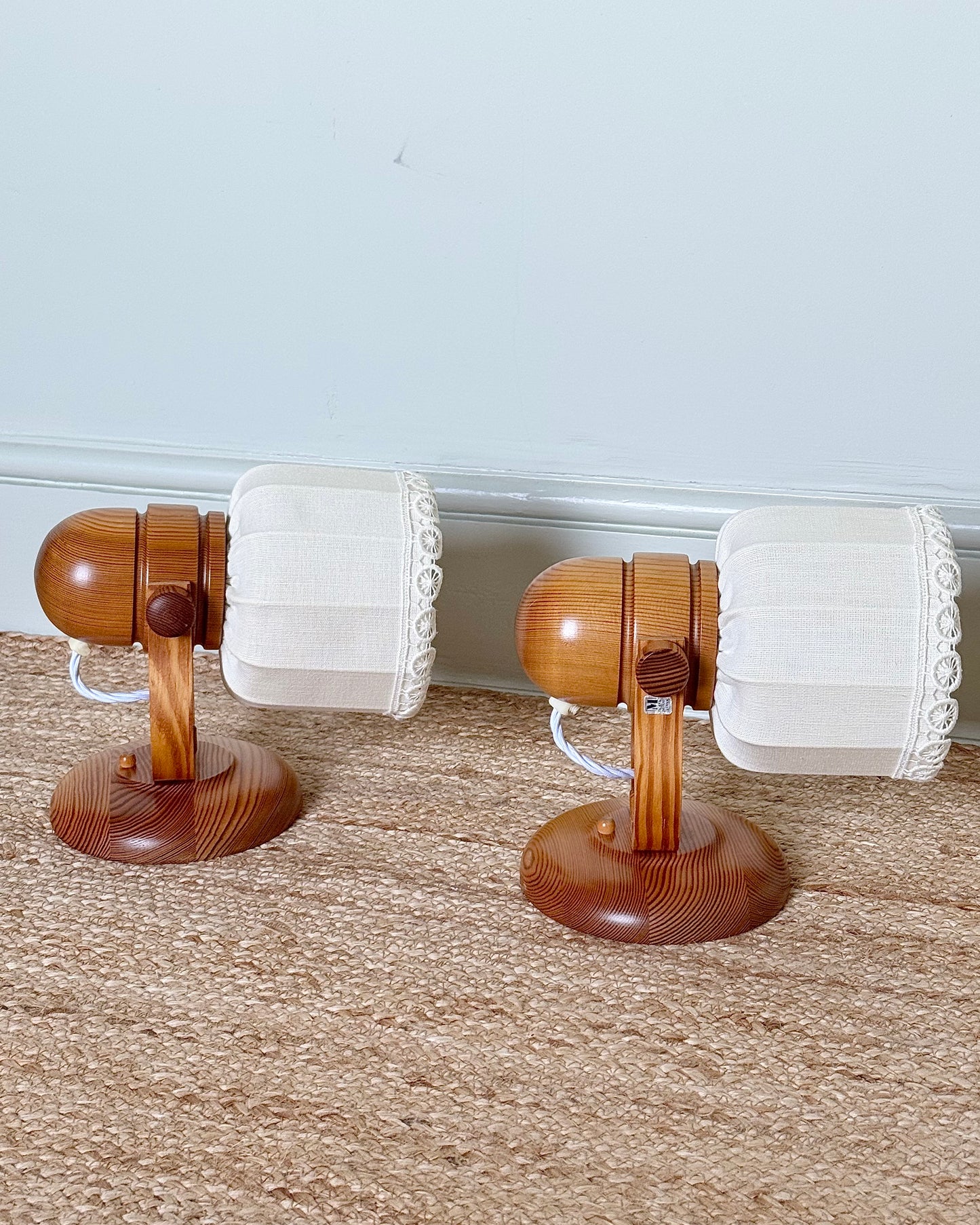 Pair of Swedish 1970s Markslöjd Pine Wall Lamps with Linen Shades