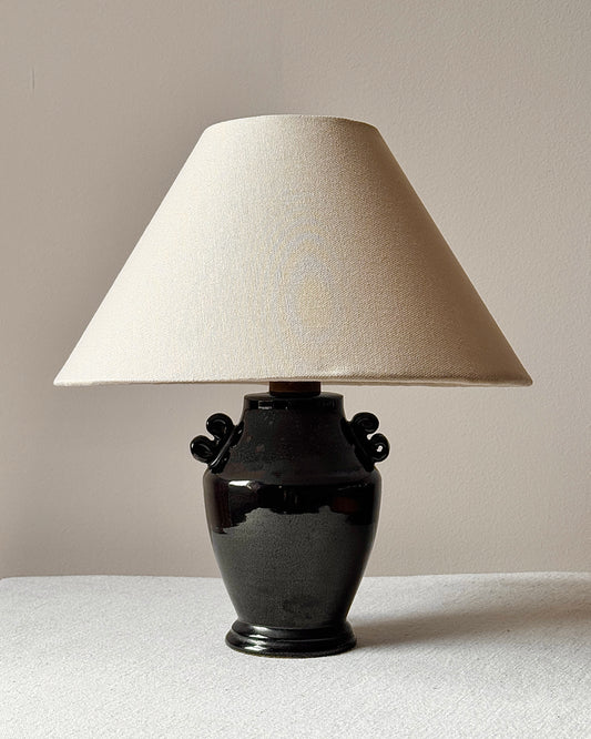 French Art Deco Black Ceramic Table Lamp with Scrolled Handles