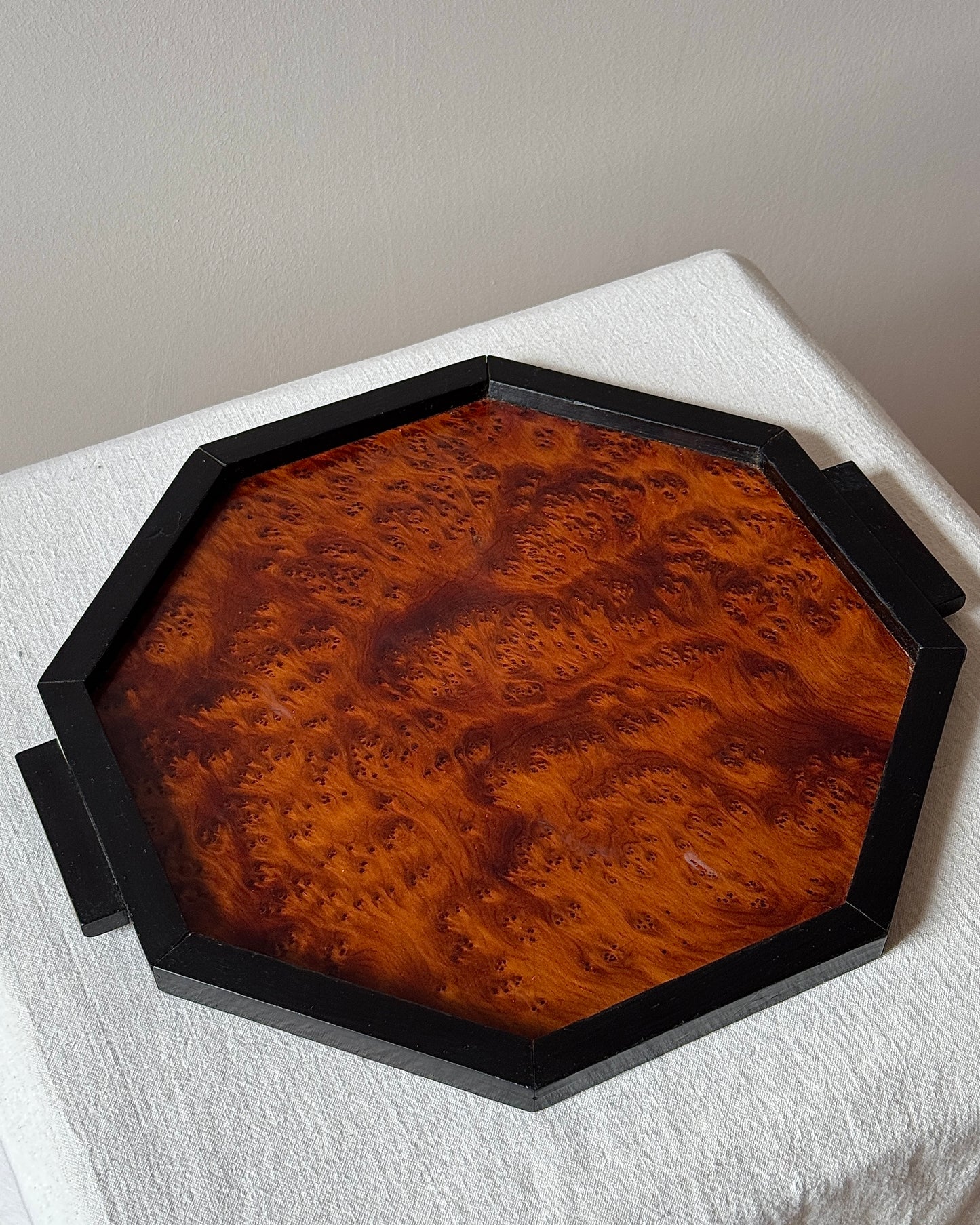 Art Deco Hexagonal Burlwood Tray with Black Frame