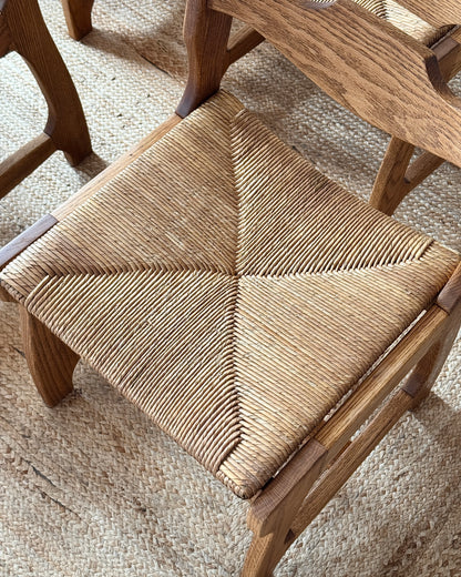Set of Four Razor Back Oak & Rush Dining Chairs by Guillerme et Chambron