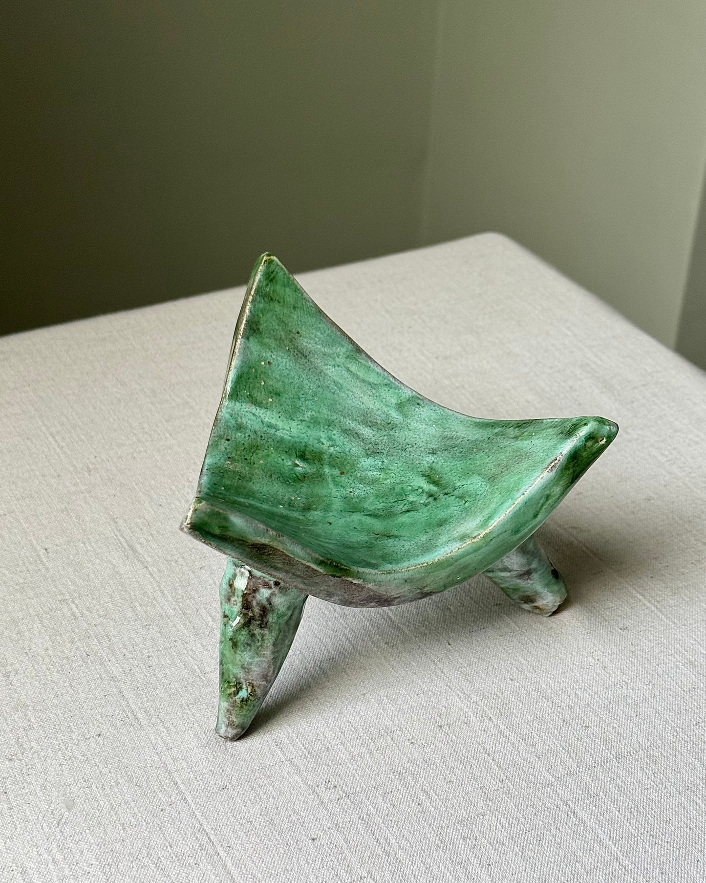French 1970s Studio Pottery Green Glaze Tripod Dish