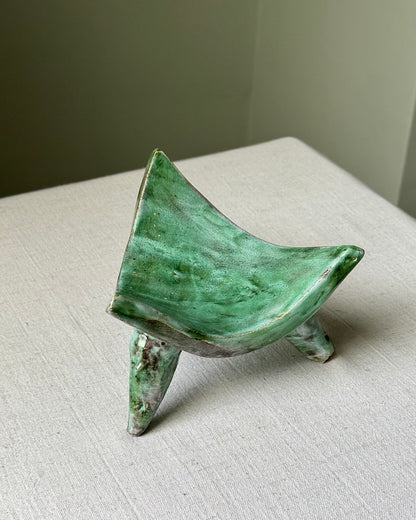 French 1970s Studio Pottery Green Glaze Tripod Dish