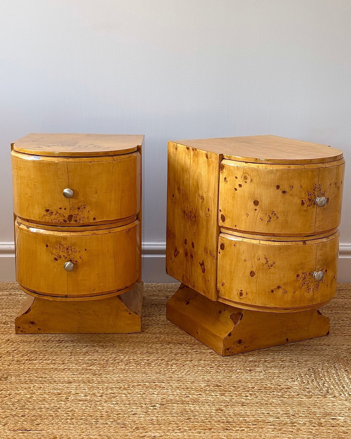 Pair of Art Deco Blonde Birdseye Maple Bedside Tables - Club Sourced