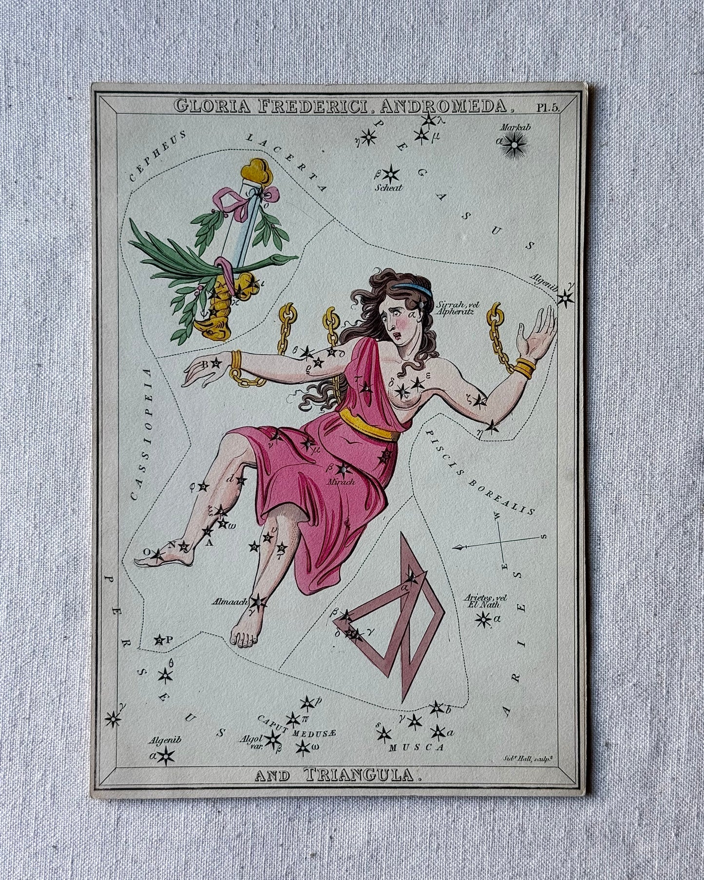 Antique Hand-Painted Constellation Print ‘Urania’s Mirror’ by Sidney Hall c. 1825