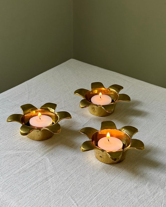 Set of 3 Swedish Mid-century Brass Flower Tealight Holders