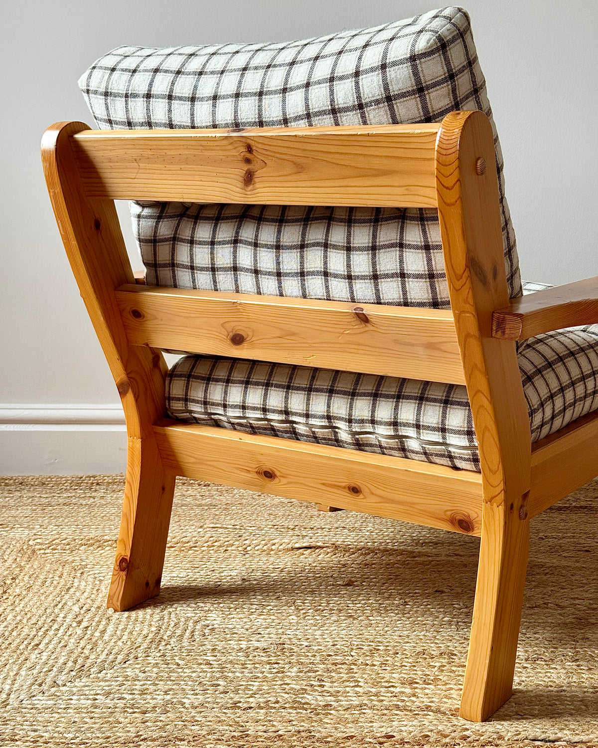 Scandinavian Pine Armchairs with Check Upholstery 1970s