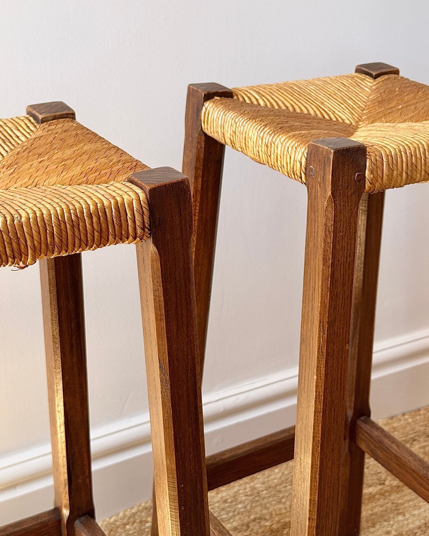 Pair of French Oak Rush Bar Stools - Club Sourced