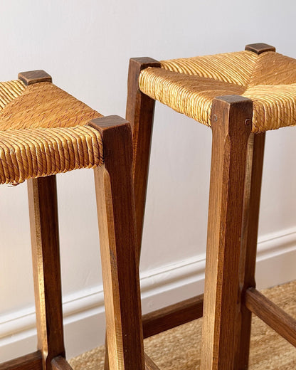 Pair of French Oak Rush Bar Stools - Club Sourced