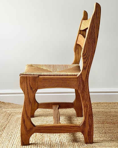 Set of Four Razor Back Oak & Rush Dining Chairs by Guillerme et Chambron