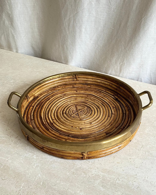 Large Italian Pencil Reed & Brass Round Tray