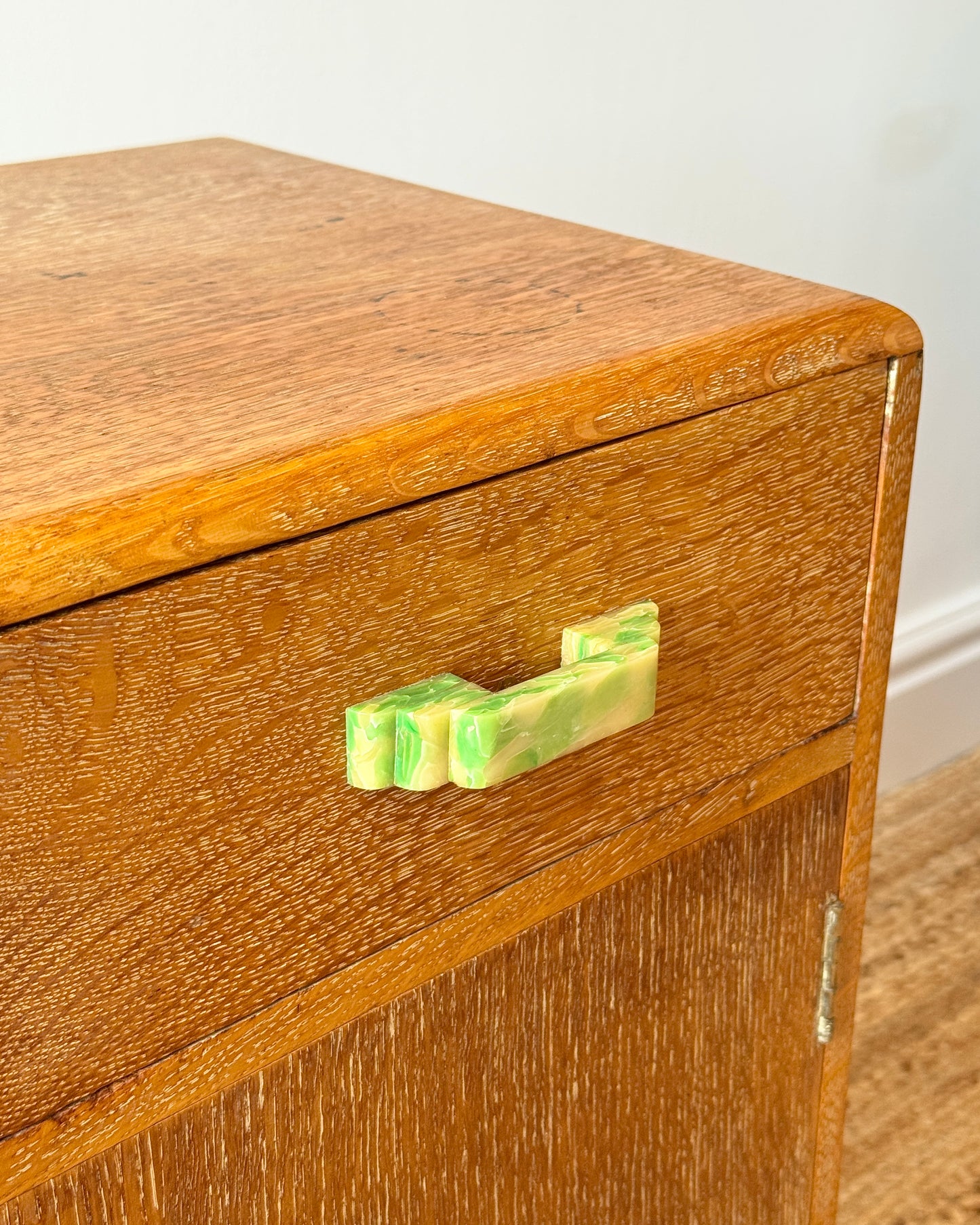 Pair of Art Deco Limed Oak Bedside Tables, c.1930