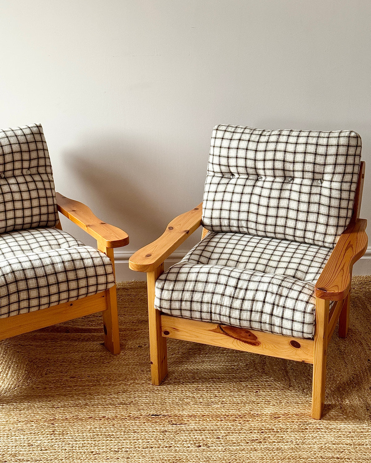 Scandinavian Pine Armchairs with Check Upholstery 1970s