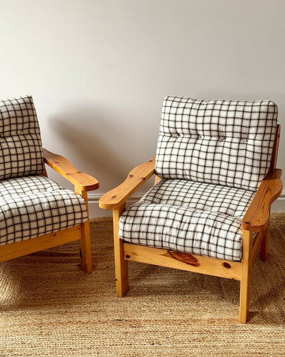 Scandinavian Pine Armchairs with Check Upholstery 1970s
