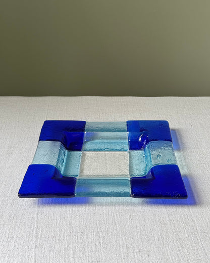 Scandinavian Geometric Blue & Aqua Glass Dish, 1970’s