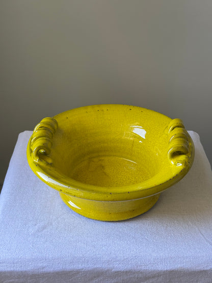 Antique Catalan Yellow Glazed Terracotta Bowl with Scroll Handles
