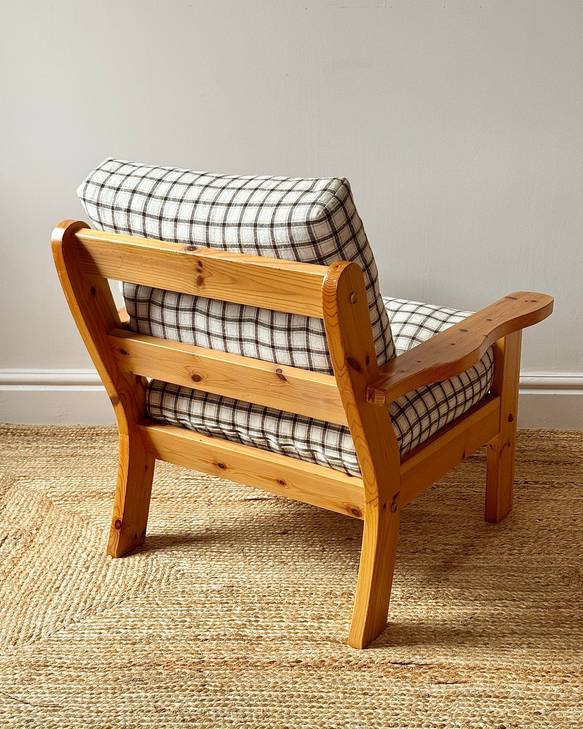 Scandinavian Pine Armchairs with Check Upholstery 1970s