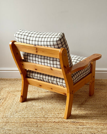 Scandinavian Pine Armchairs with Check Upholstery 1970s