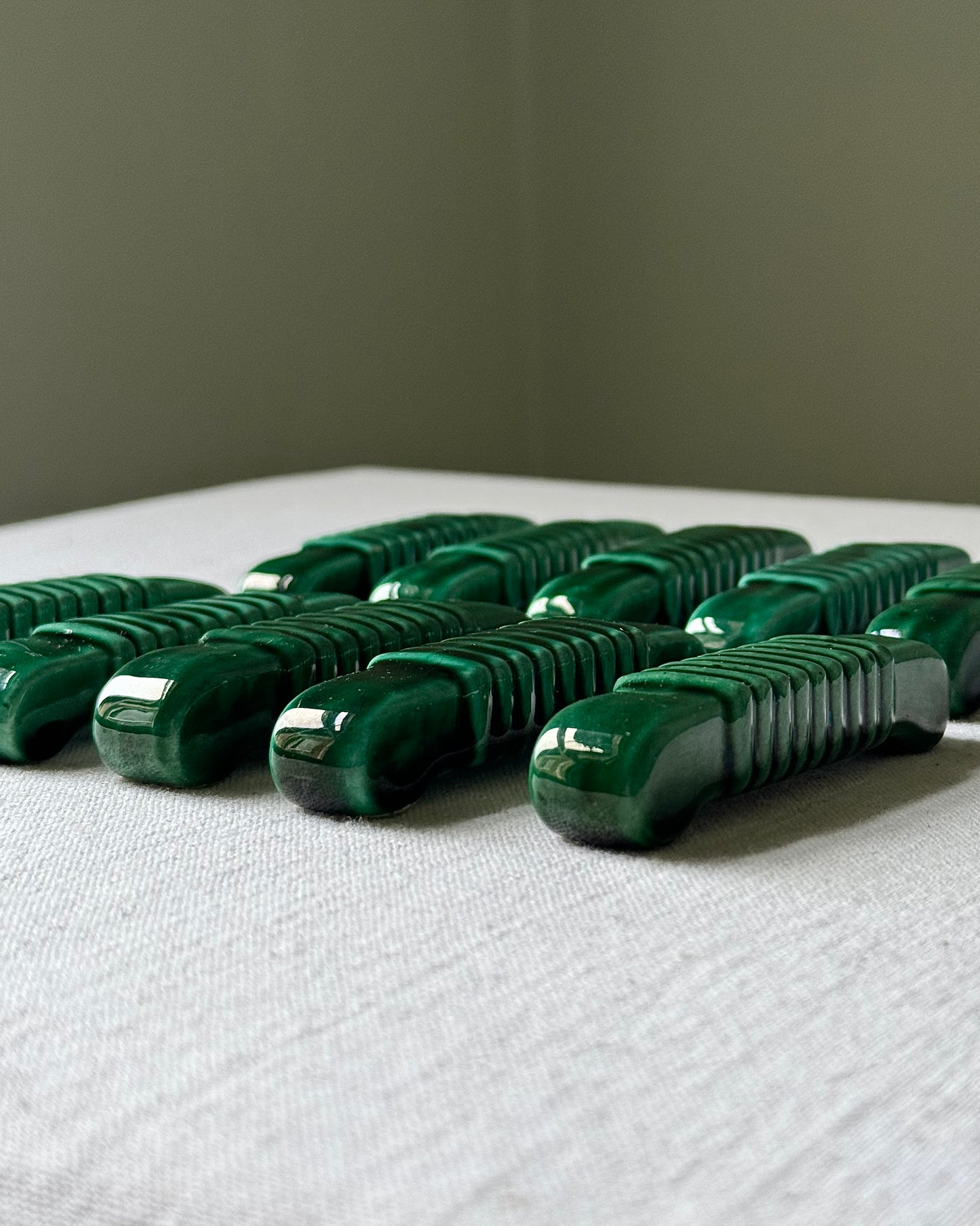 Set of 10 x French Mid-century Glossy Green Ceramic Cutlery Rests