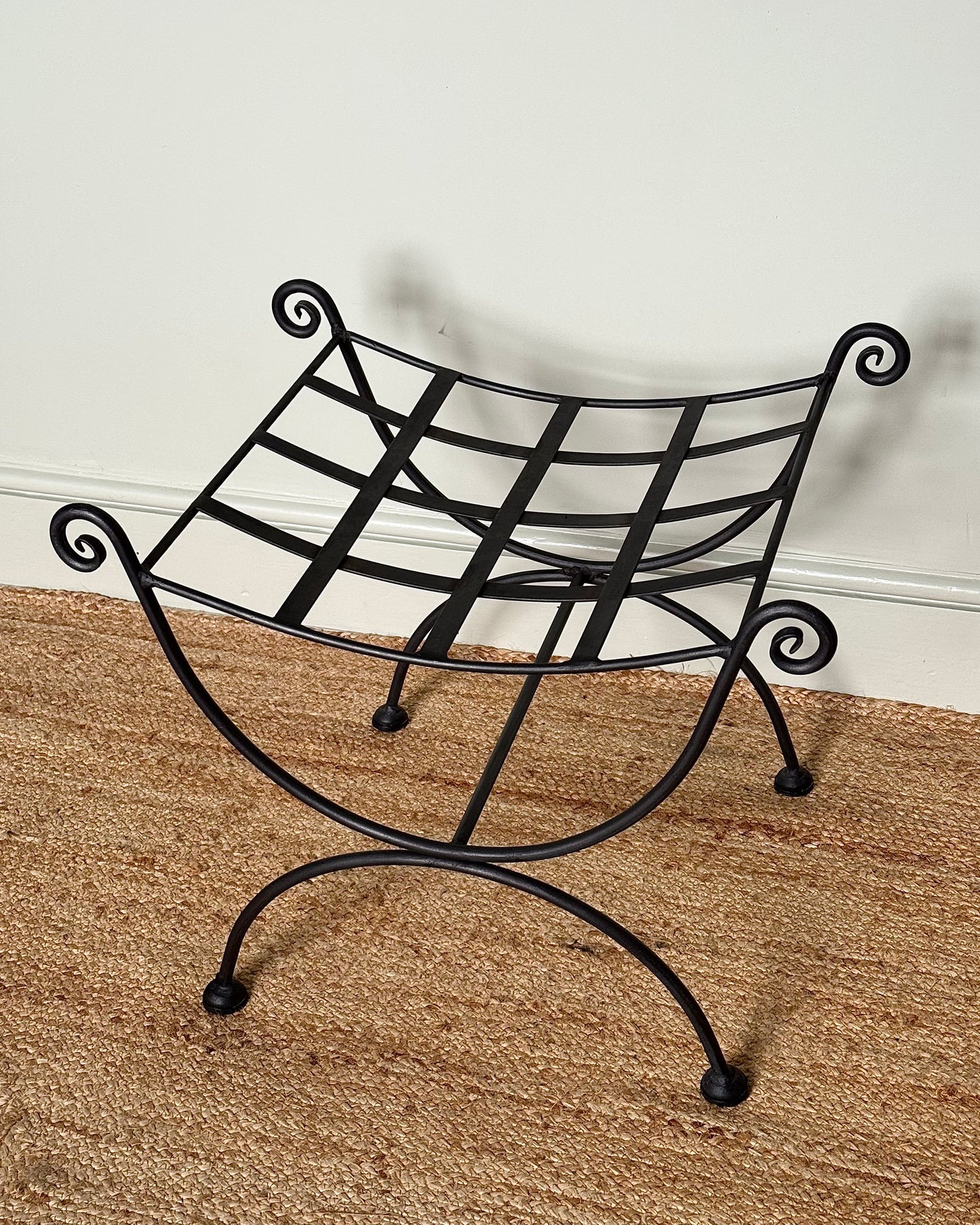Vintage French Iron Curule Stool with Sculptural Curls