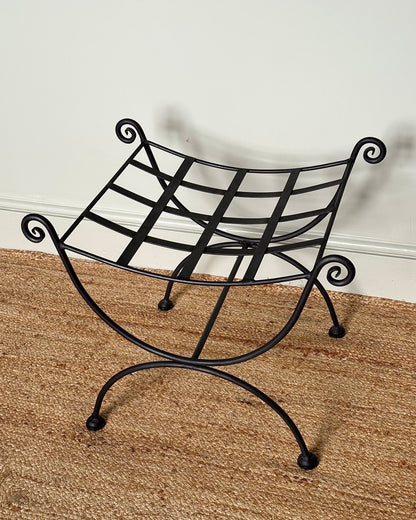 Vintage French Iron Curule Stool with Sculptural Curls