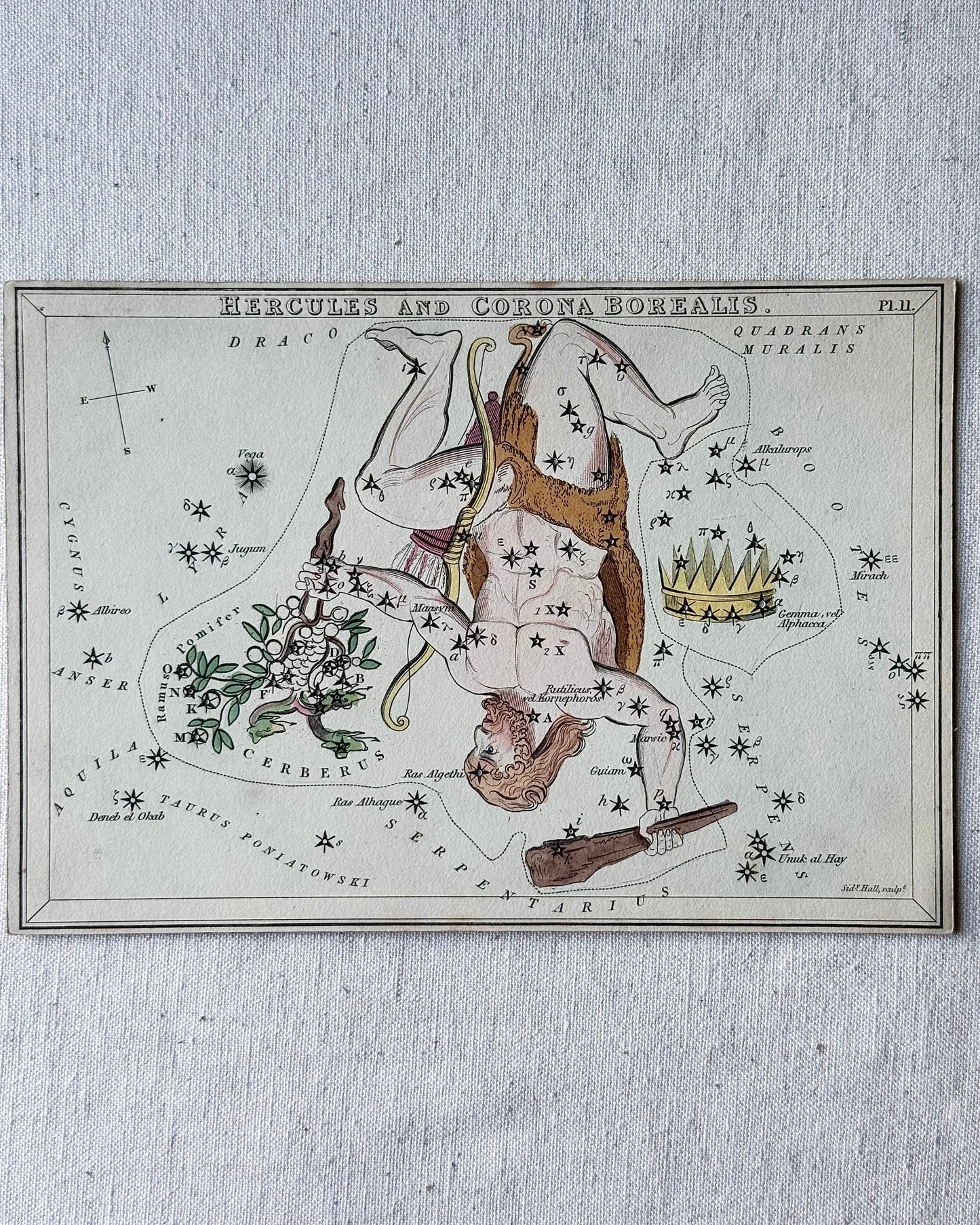 Antique Hand-Painted Constellation Print ‘Urania’s Mirror’ by Sidney Hall c. 1825