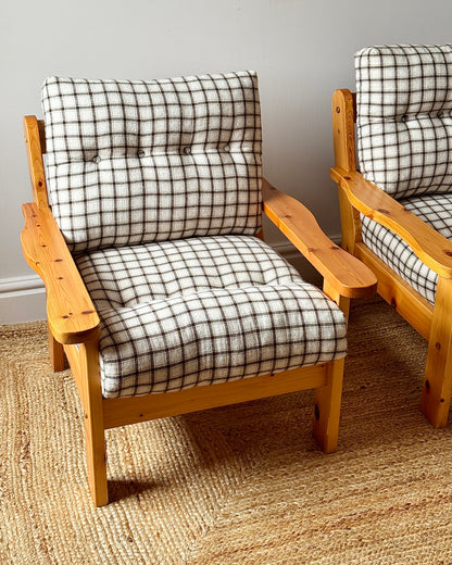 Scandinavian Pine Armchairs with Check Upholstery 1970s