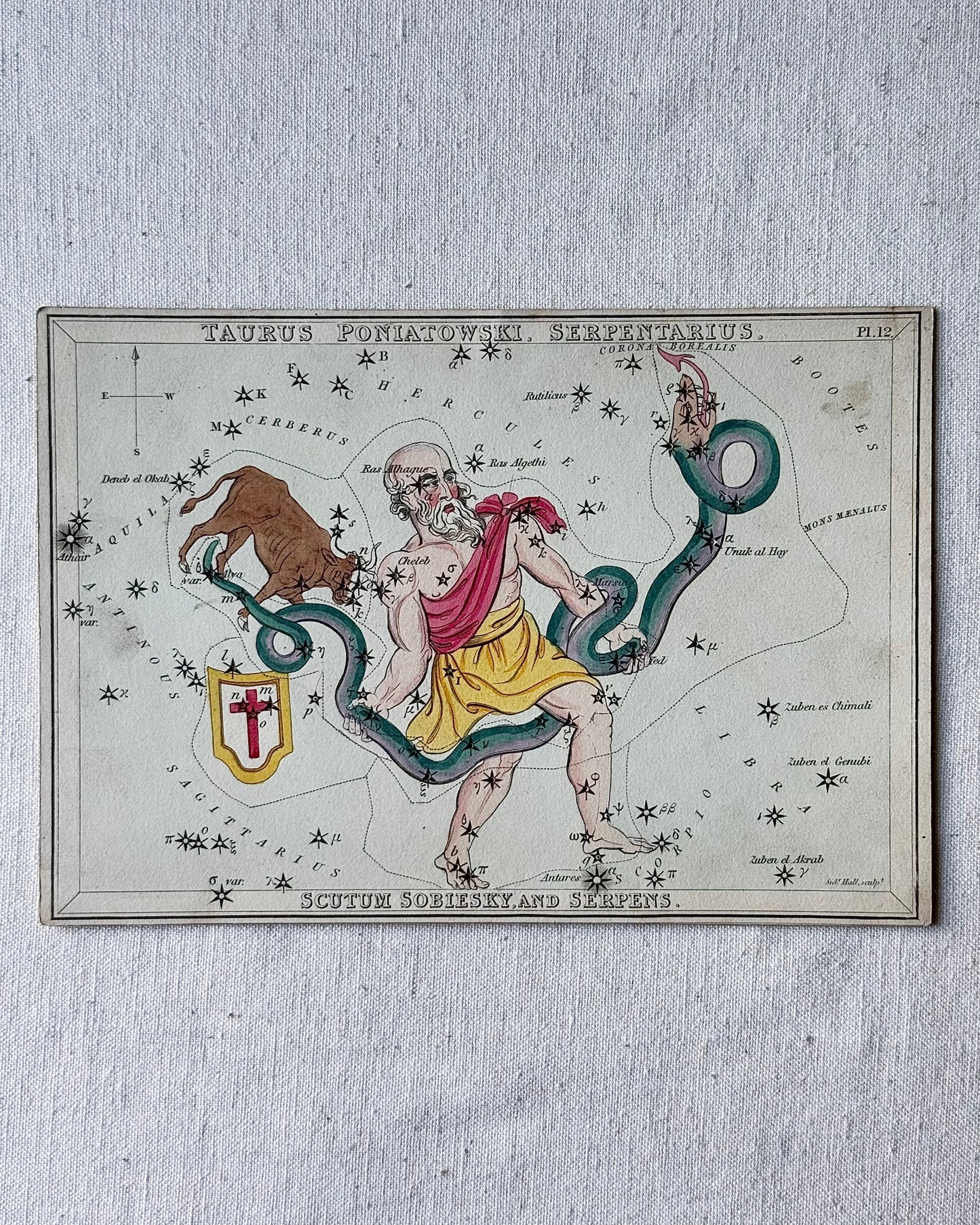 Antique Hand-Painted Constellation Print ‘Urania’s Mirror’ by Sidney Hall c. 1825