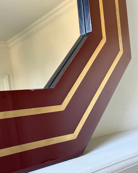 Burgundy Lacquer & Brass Inlay Octagonal Mirror attributed to Jean-Claude Mahey, French c. 1970