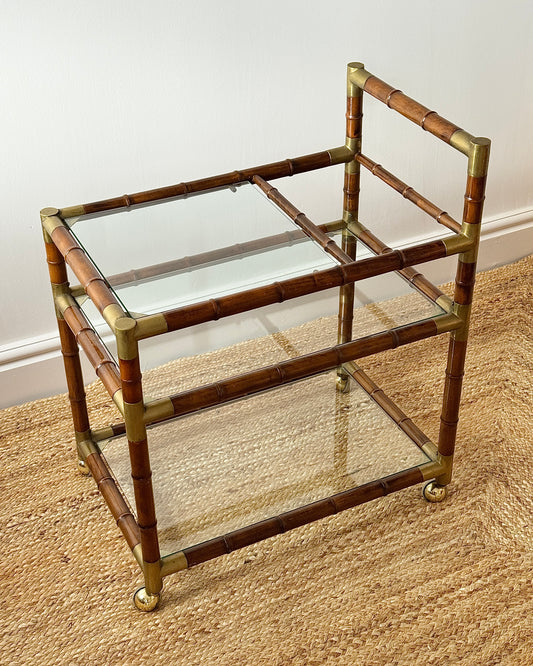 French Faux Bamboo and Brass Three-Tier Bar Cart