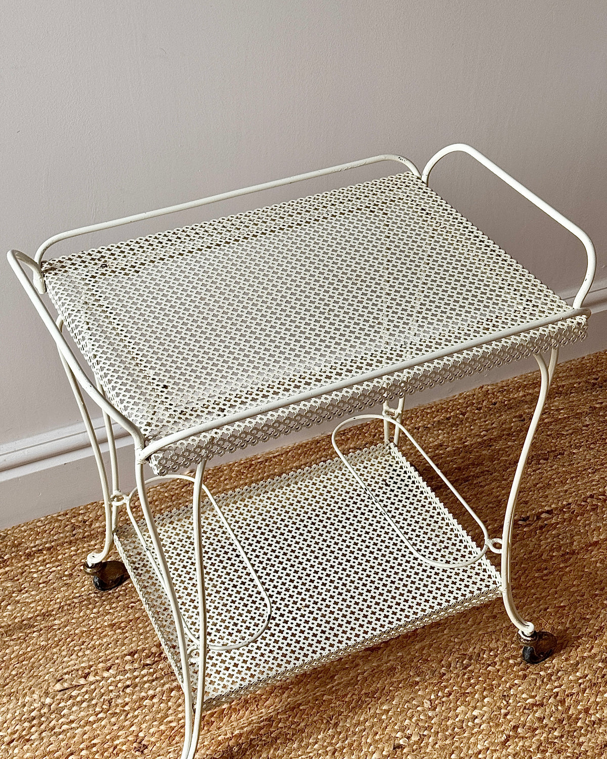 White Perforated Metal Bar Cart, In the Style of Mathieu Matégot