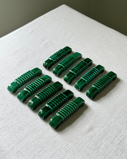 Set of 10 x French Mid-century Glossy Green Ceramic Cutlery Rests