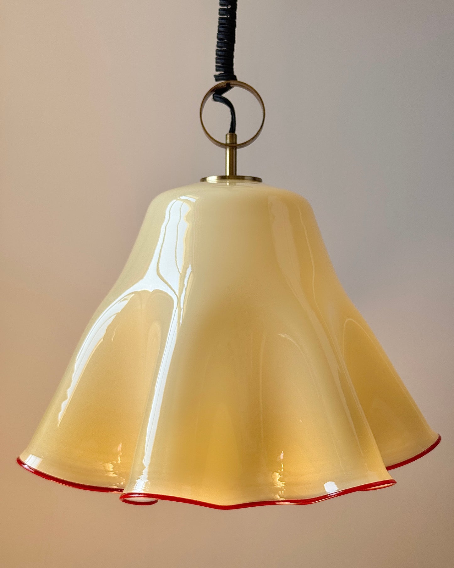 Large Murano Buttery Yellow & Red Rim Handkerchief Pendant, c. 1970s