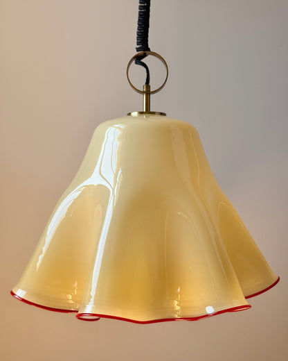 Large Murano Buttery Yellow & Red Rim Handkerchief Pendant, c. 1970s