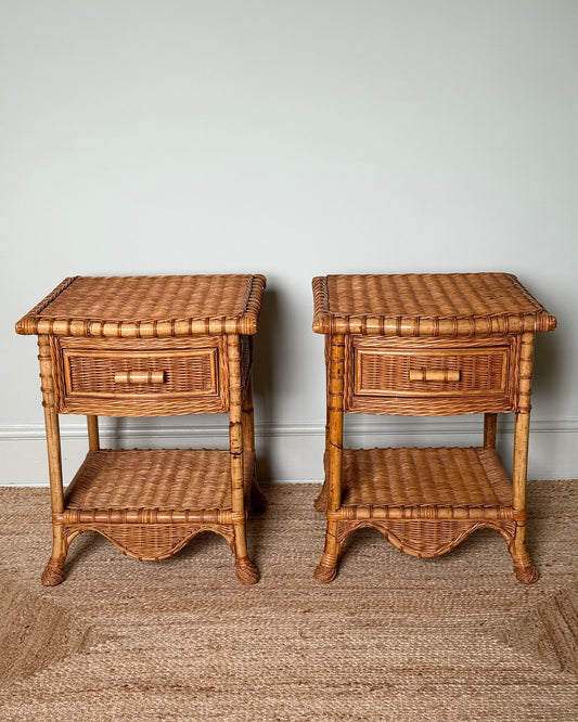 Pair of Wicker & Bamboo Bedside Tables