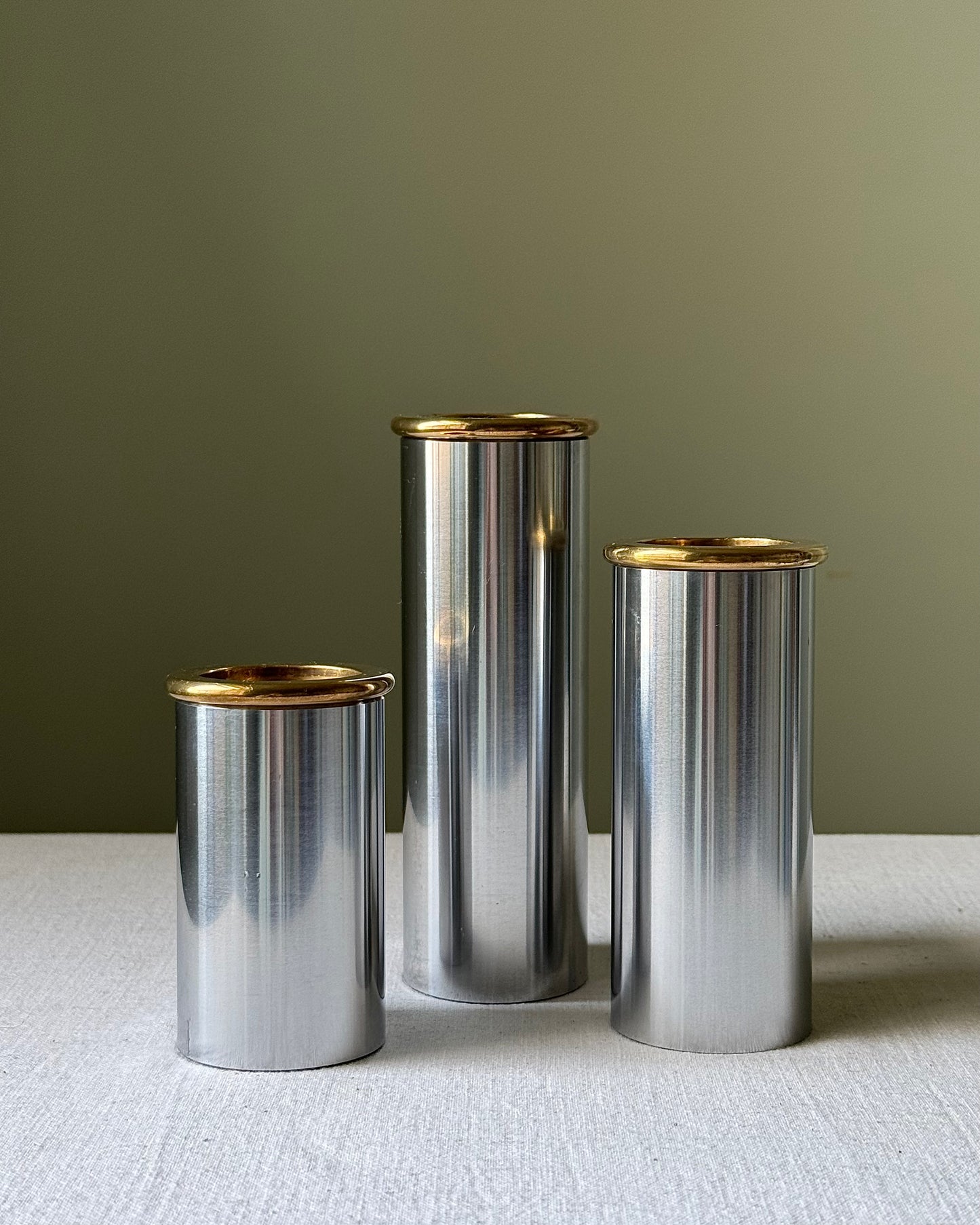 Trio of Brushed Steel and Brass Tealight Holders, in the Manner of Staffan Englesson