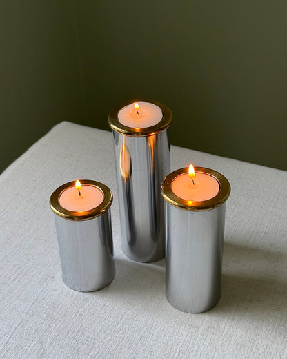 Trio of Brushed Steel and Brass Tealight Holders, in the Manner of Staffan Englesson