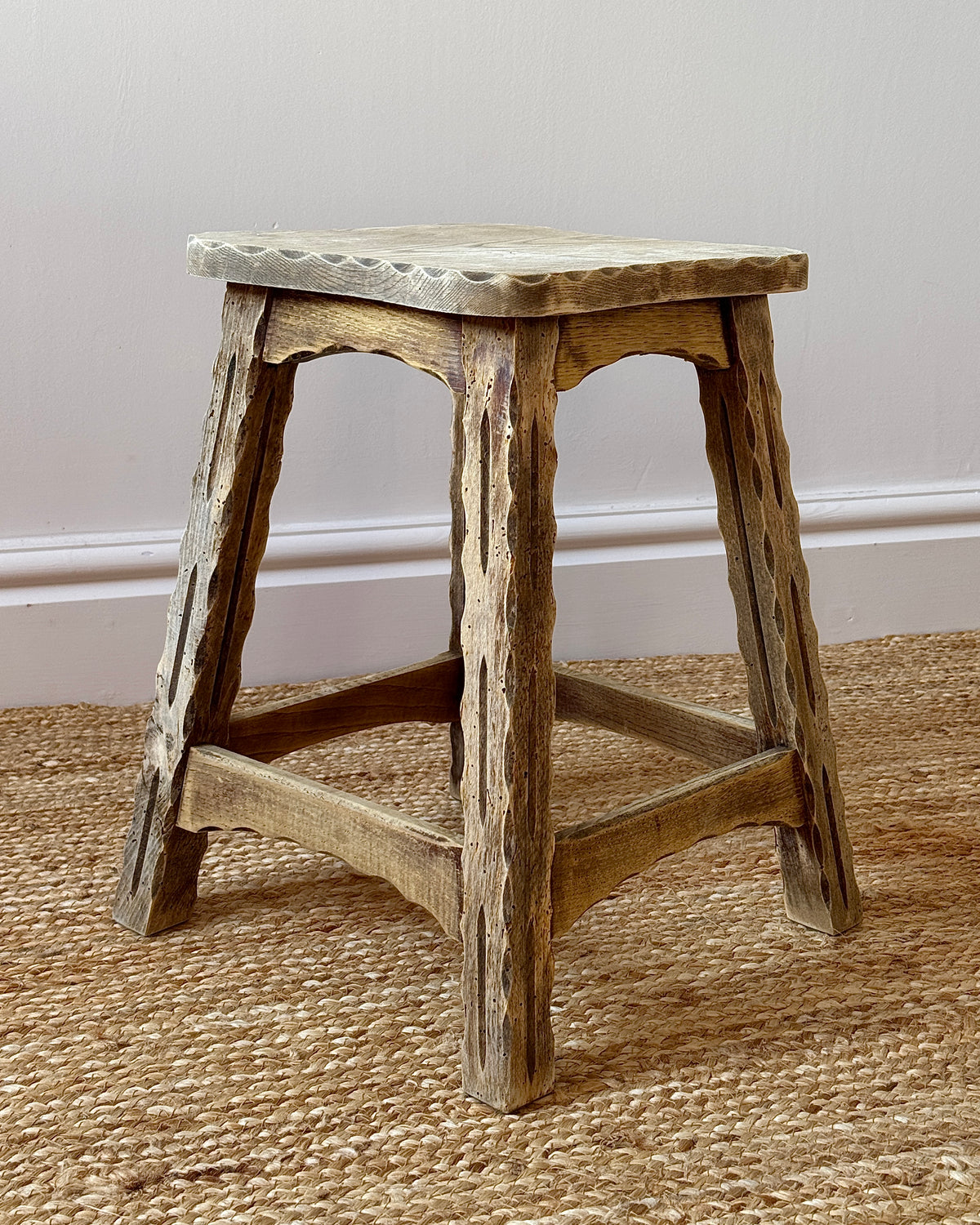 French Folk Art Carved Oak Stool