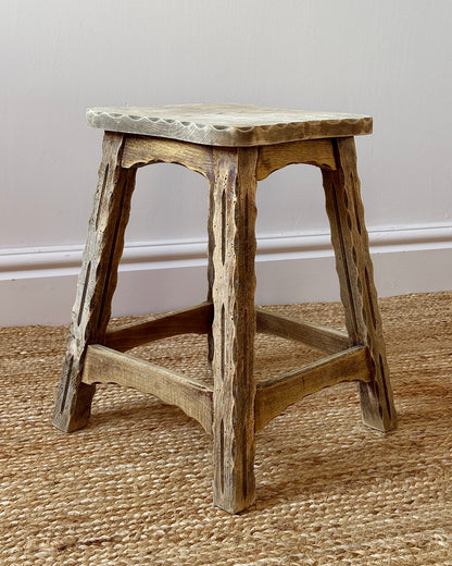 French Folk Art Carved Oak Stool