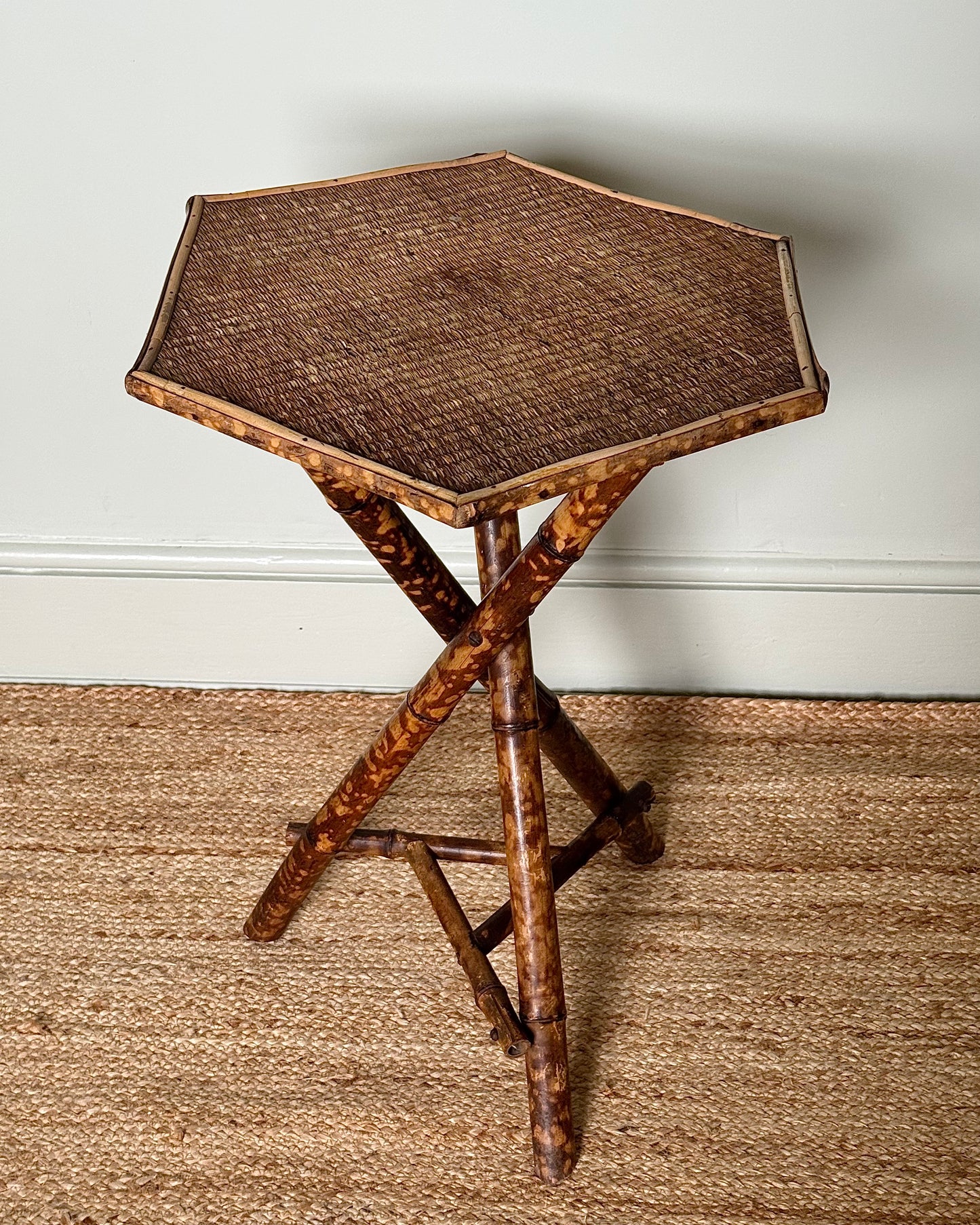 Antique Tiger Bamboo and Cane Hexagonal Side Table