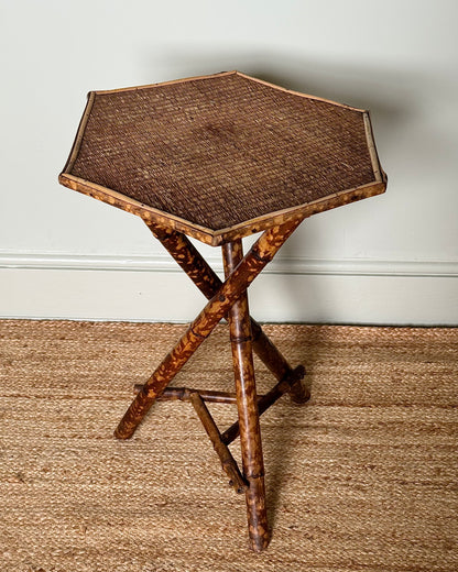 Antique Tiger Bamboo and Cane Hexagonal Side Table