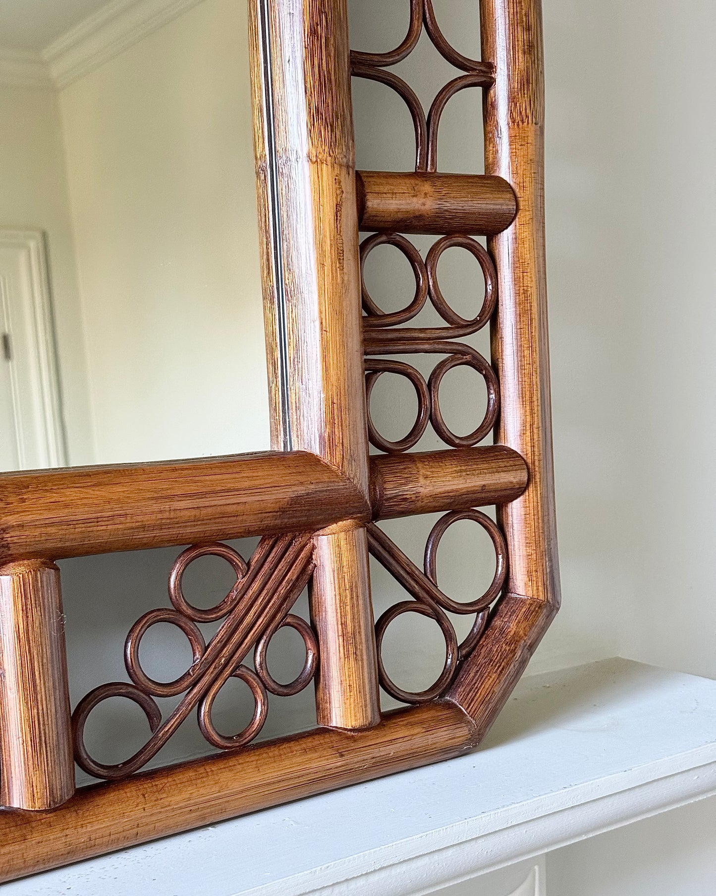 Large French Mid-Century Rattan Double Frame Mirror